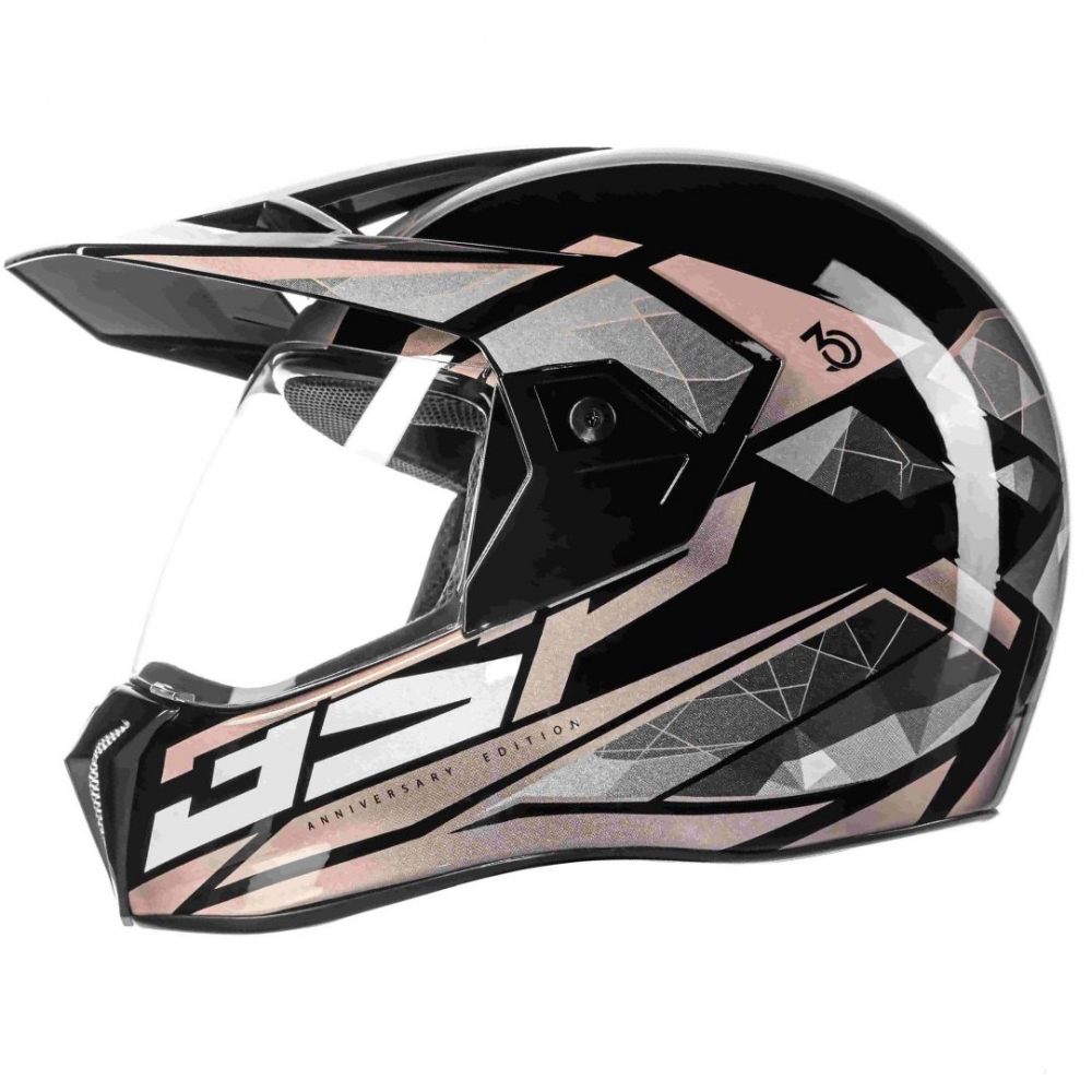 Capacete Esportivo Bieffe 3 Sport 30th Edição Especial 30 Anos  Cross Trilha C/ Viseira  - Preto Brilho / Perola / Grafite