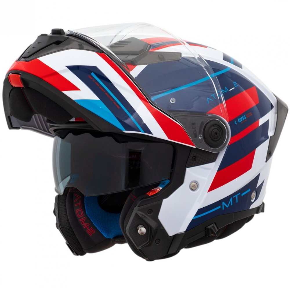 Capacete Mt Atom 2 Articulado Com Óculos Solar Interno Alkaline F0 Red Blue Gloss – Azul / Branco / Vermelho Brilho